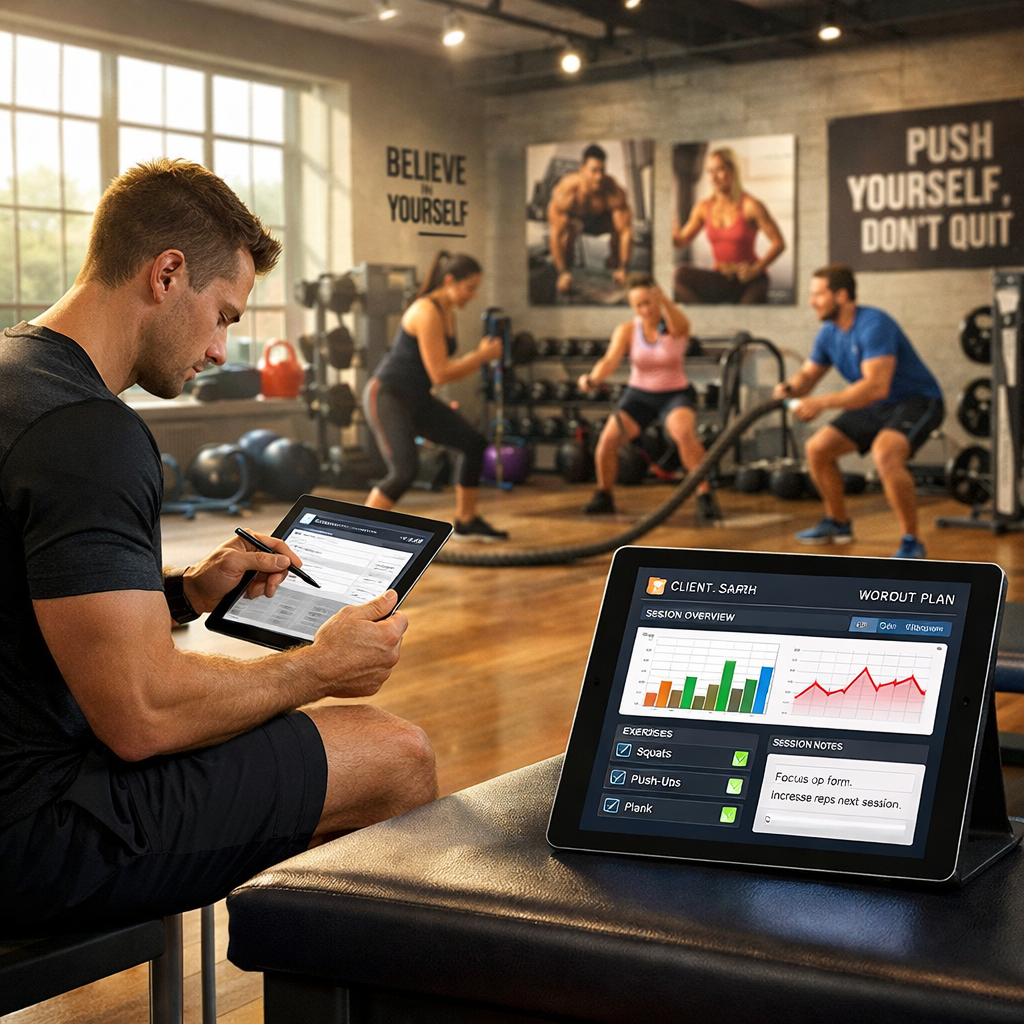 Fitness Professional Creating Student Exercises Session With Fitness Tool App